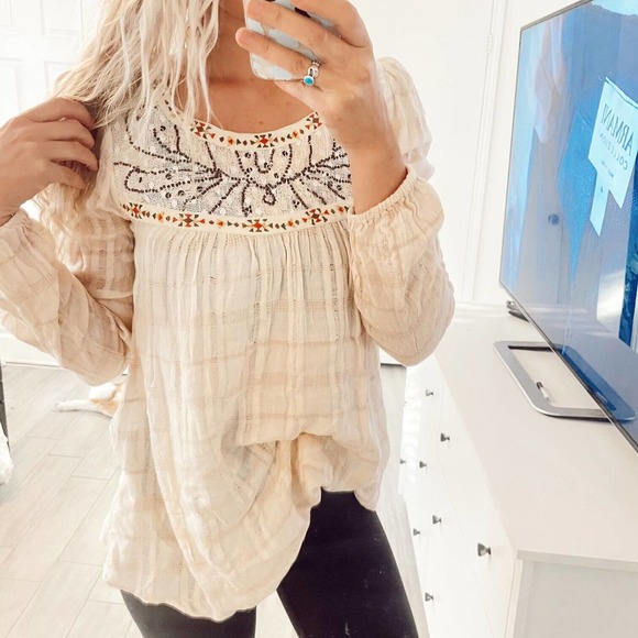 Free People Tops - Free People Long Sleeve Beige Beaded Crochet Blouse Trendy Size S